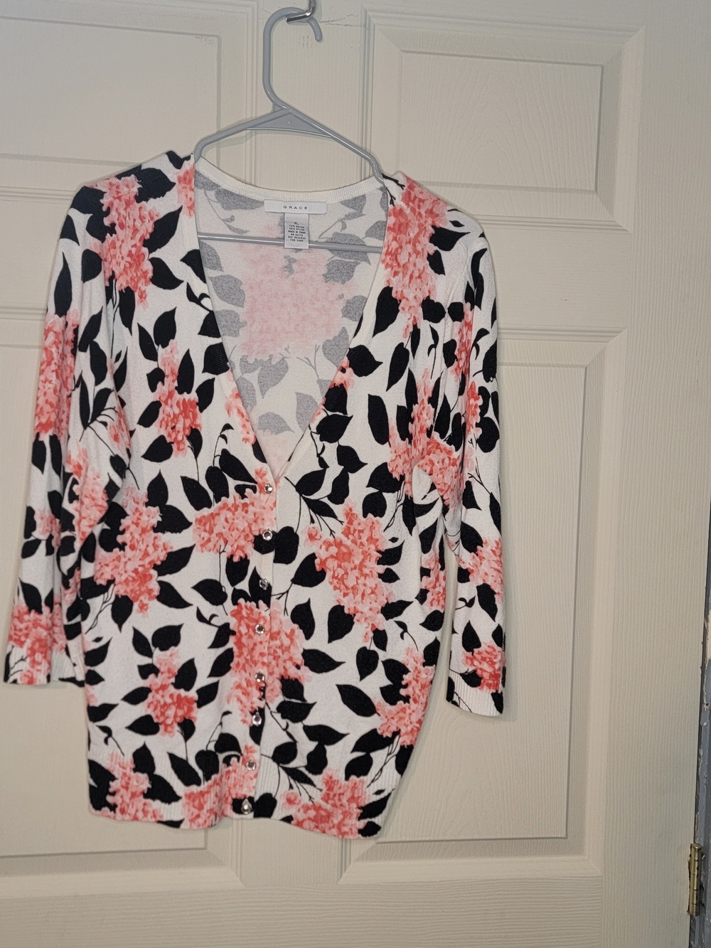 White Floral Button Cardigan with Coral Flowers